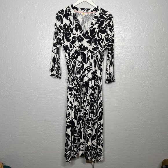 Boden Dresses & Skirts - Boden Women 10R Black White Jersey Kaftan Midi Dress Oriental Bird Print Tie